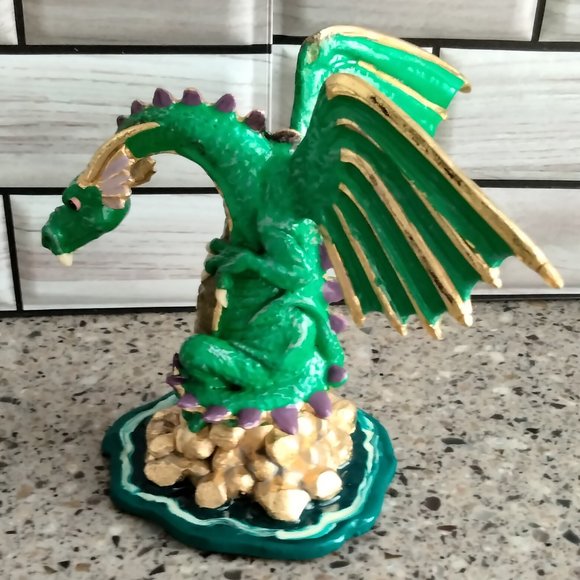 New Enameled Pewter Green Sitting Dragon Statue - Picture 4 of 9